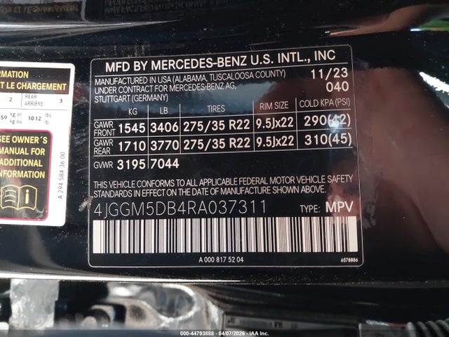 44793888 :رقم المزاد ، 4JGGM5DB4RA037311 vin ، 2024 Mercedes-benz Amg Eqe Suv 4matic مزاد بيع