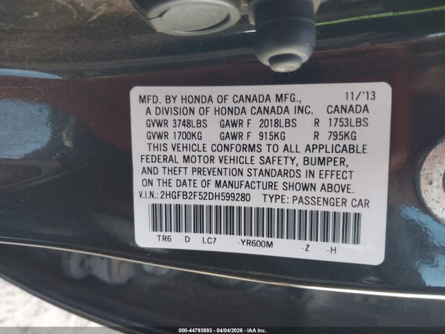 Продажа на аукционе авто 2013 Honda Civic Lx, vin: 2HGFB2F52DH599280, номер лота: 44793893