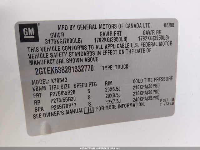 44793897 :رقم المزاد ، 2GTEK638281332770 vin ، 2008 Gmc Sierra 1500 Denali مزاد بيع