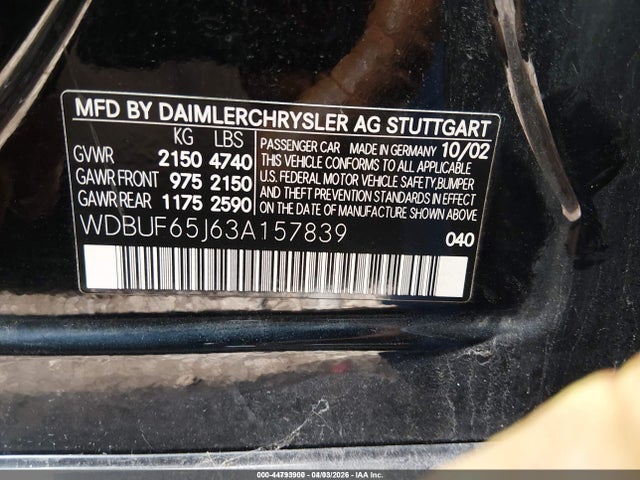 44793900 :رقم المزاد ، WDBUF65J63A157839 vin ، 2003 Mercedes-benz E 320 مزاد بيع