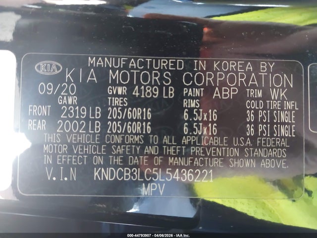 Aukcja sprzedaży 2020 Kia Niro Lxs, vin: KNDCB3LC5L5436221, numer aukcji: 44793907