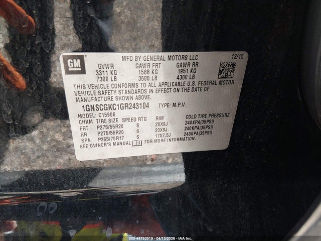 Продажа на аукционе авто 2016 Chevrolet Suburban Ls, vin: 1GNSCGKC1GR243104, номер лота: 44793919