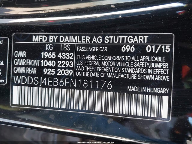 44793924 :رقم المزاد ، WDDSJ4EB6FN181176 vin ، 2015 Mercedes-benz Cla 250 مزاد بيع