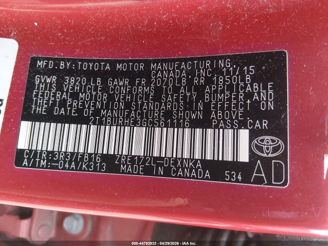 Aukcja sprzedaży 2016 Toyota Corolla Le, vin: 2T1BURHE3GC561116, numer aukcji: 44793932