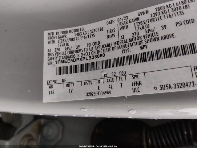 44793954 :رقم المزاد ، 1FMEE5DPXPLB38080 vin ، 2023 Ford Bronco Badlands مزاد بيع