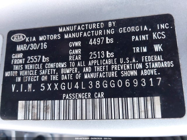 Продажа на аукционе авто 2016 Kia Optima Ex, vin: 5XXGU4L38GG069317, номер лота: 44793958
