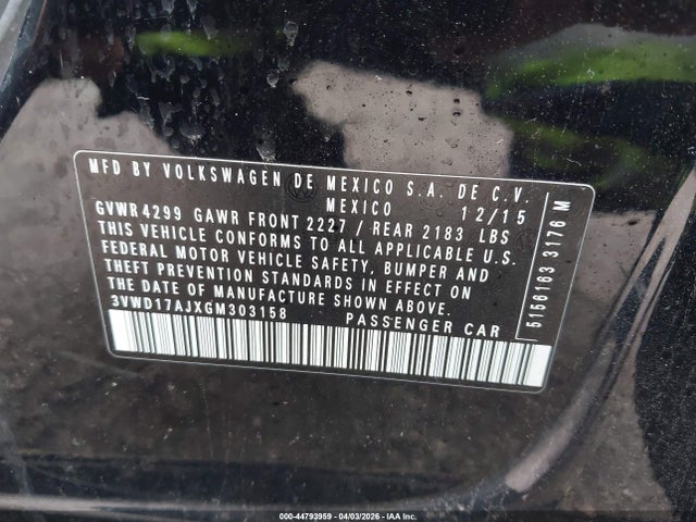 2016 Volkswagen Jetta 1.8t Sport მანქანა იყიდება აუქციონზე, vin: 3VWD17AJXGM303158, აუქციონის ნომერი: 44793959
