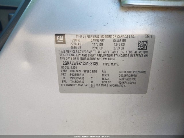 Aukcja sprzedaży 2012 Gmc Terrain Slt-2, vin: 2GKALWEK1C6168139, numer aukcji: 44793966