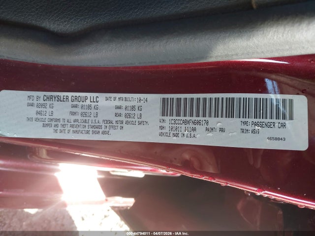 44794011 :رقم المزاد ، 1C3CCCABXFN606170 vin ، 2015 Chrysler 200 Limited مزاد بيع