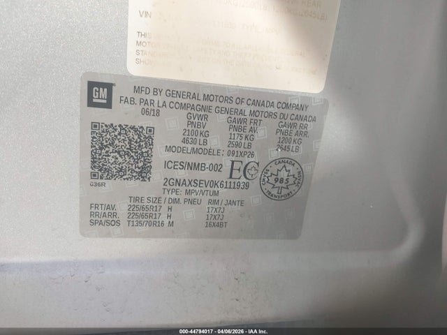 44794017 :رقم المزاد ، 2GNAXSEV0K6111939 vin ، 2019 Chevrolet Equinox Ls مزاد بيع