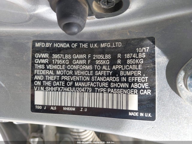 SHHFK7H43JU204779 Honda Civic Sport