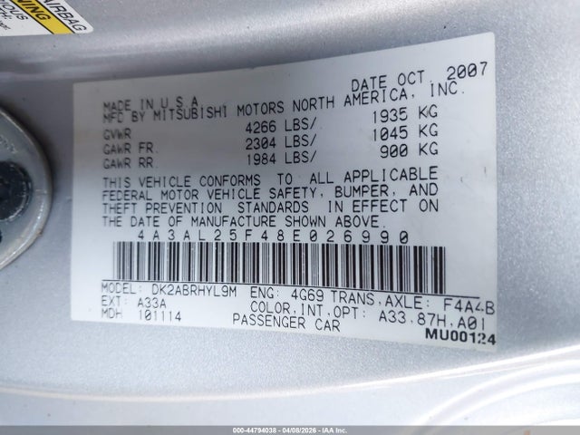 Aukcja sprzedaży 2008 Mitsubishi Eclipse Spyder Gs, vin: 4A3AL25F48E026990, numer aukcji: 44794038