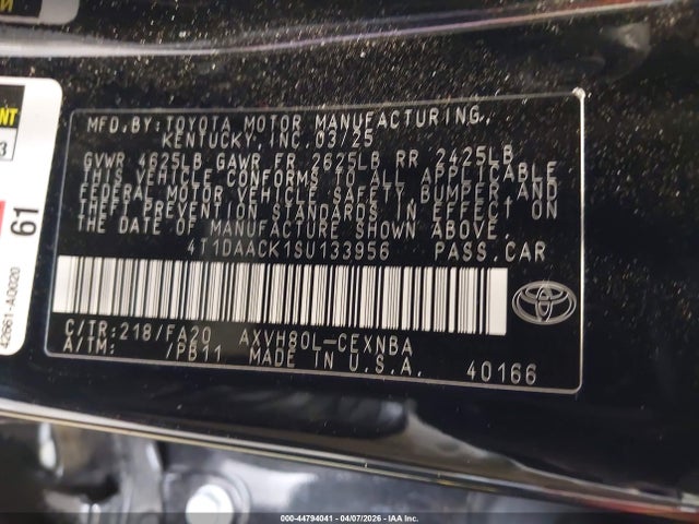 Aukcja sprzedaży 2025 Toyota Camry Le, vin: 4T1DAACK1SU133956, numer aukcji: 44794041