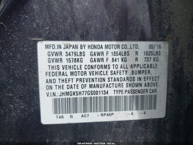 JHMGK5H77GS001134 Honda FIT EX