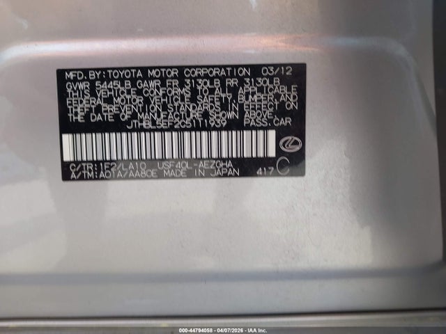 Aukcja sprzedaży 2012 Lexus Ls 460, vin: JTHBL5EF2C5111939, numer aukcji: 44794058