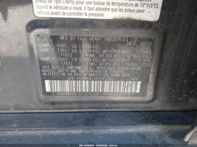 Aukcja sprzedaży 2011 Subaru Outback 2.5i Limited, vin: 4S4BRCKC9B3402880, numer aukcji: 44794092