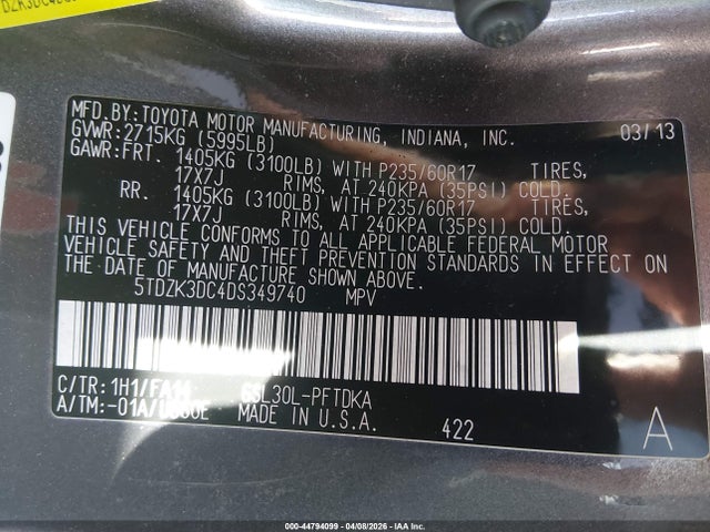 2013 Toyota Sienna L V6 7 Passenger მანქანა იყიდება აუქციონზე, vin: 5TDZK3DC4DS349740, აუქციონის ნომერი: 44794099