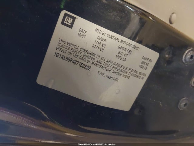 Продаж на аукціоні авто 2008 Chevrolet Cobalt Lt, vin: 1G1AL58F487152392, номер лоту: 44794104