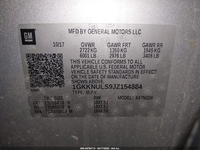 Aukcja sprzedaży 2018 Gmc Acadia Slt-1, vin: 1GKKNULS9JZ154884, numer aukcji: 44794113