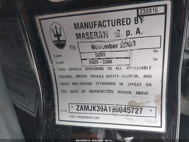 Aukcja sprzedaży 2009 Maserati Quattroporte S, vin: ZAMJK39A190045727, numer aukcji: 44794114