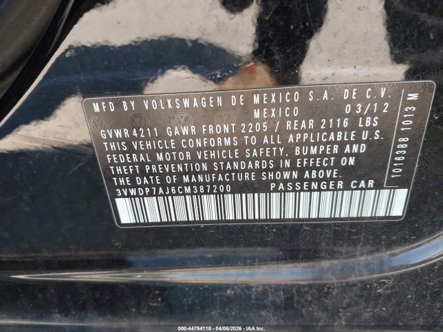 2012 Volkswagen Jetta 2.5l Se მანქანა იყიდება აუქციონზე, vin: 3VWDP7AJ6CM387200, აუქციონის ნომერი: 44794118