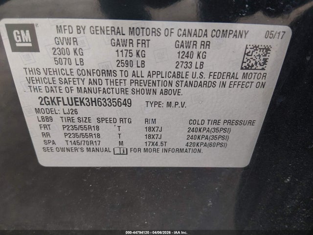 Aukcja sprzedaży 2017 Gmc Terrain Slt, vin: 2GKFLUEK3H6335649, numer aukcji: 44794120