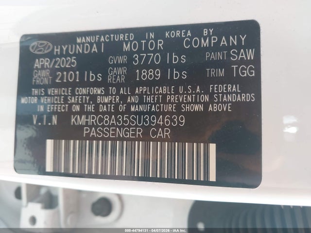 44794131 :رقم المزاد ، KMHRC8A35SU394639 vin ، 2025 Hyundai Venue Sel مزاد بيع