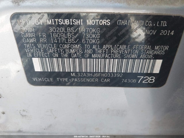 Продаж на аукціоні авто 2015 Mitsubishi Mirage De/rf, vin: ML32A3HJ6FH033392, номер лоту: 44794134