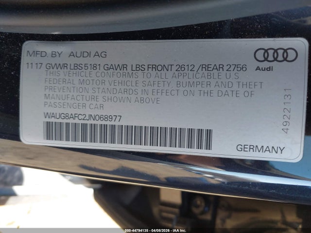 2018 Audi A6 2.0t Premium მანქანა იყიდება აუქციონზე, vin: WAUG8AFC2JN068977, აუქციონის ნომერი: 44794135