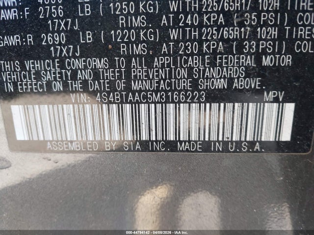 Продаж на аукціоні авто 2021 Subaru Outback, vin: 4S4BTAAC5M3166223, номер лоту: 44794142