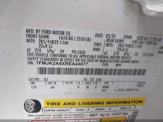 44794155 :رقم المزاد ، 1FMJK2A8XREA44677 vin ، 2024 Ford Expedition Limited Max مزاد بيع