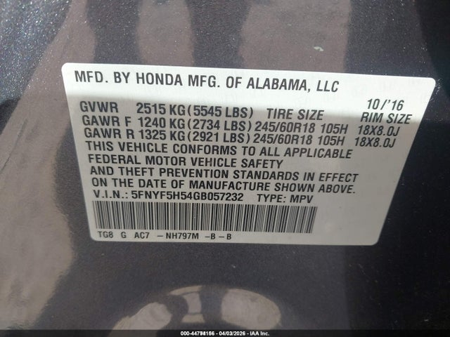 5FNYF5H54GB057232 Honda Pilot Ex-l