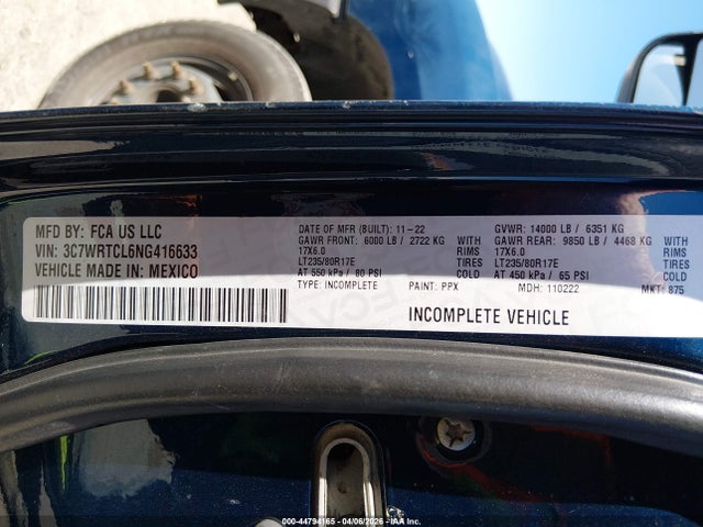 Продажа на аукционе авто 2022 Ram 3500 Chassis Tradesman/slt/laramie/limited, vin: 3C7WRTCL6NG416633, номер лота: 44794165