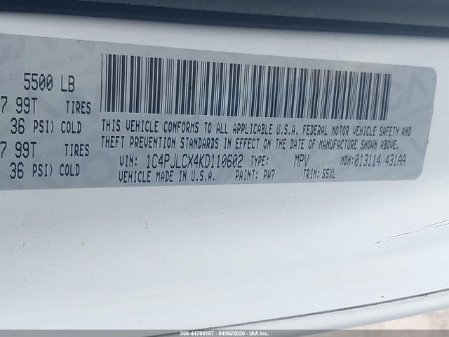 44794167 :رقم المزاد ، 1C4PJLCX4KD110602 vin ، 2019 Jeep Cherokee Latitude Fwd مزاد بيع