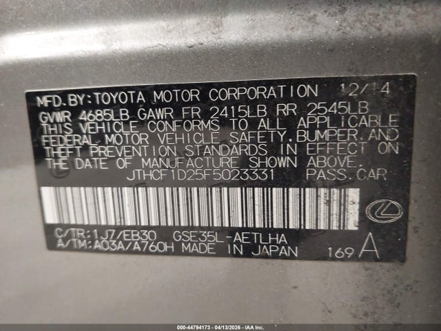 Aukcja sprzedaży 2015 Lexus Is 250, vin: JTHCF1D25F5023331, numer aukcji: 44794173