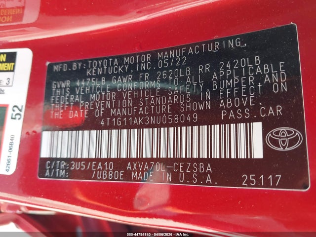 2022 Toyota Camry Se მანქანა იყიდება აუქციონზე, vin: 4T1G11AK3NU058049, აუქციონის ნომერი: 44794180