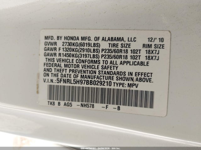 2011 HONDA ODYSSEY 5FNRL5H97BB029210 Photo 8