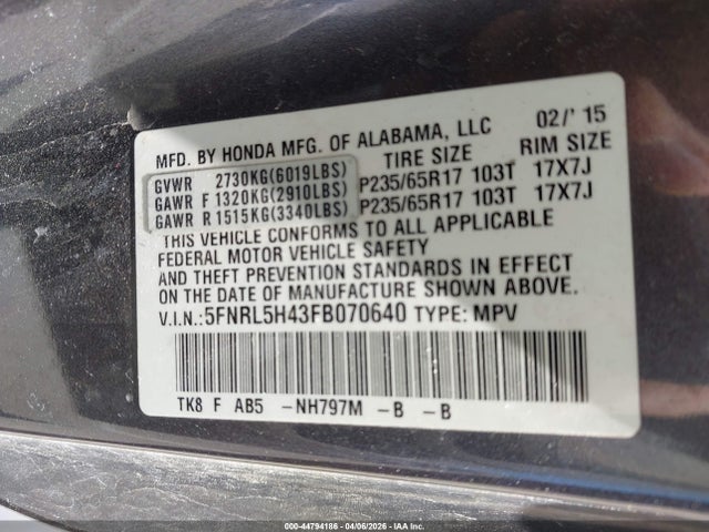 44794186 :رقم المزاد ، 5FNRL5H43FB070640 vin ، 2015 Honda Odyssey Ex مزاد بيع