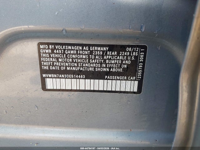 44794197 :رقم المزاد ، WVWBN7AN3DE514463 vin ، 2013 Volkswagen Cc 2.0t Sport Plus مزاد بيع