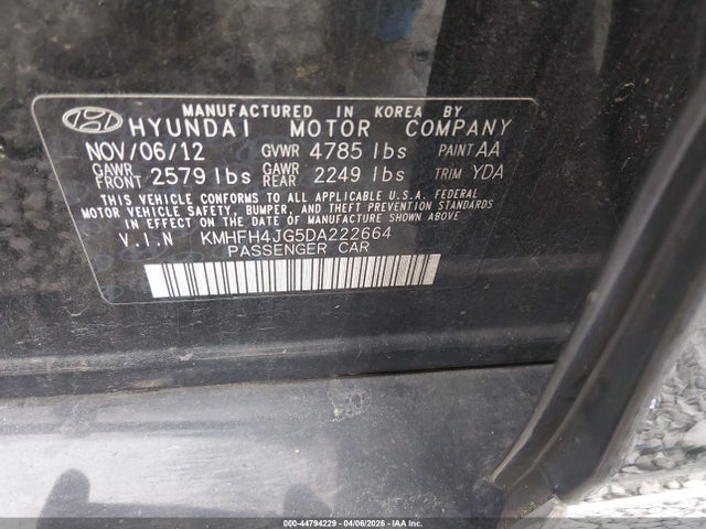 44794229 :رقم المزاد ، KMHFH4JG5DA222664 vin ، 2013 Hyundai Azera مزاد بيع