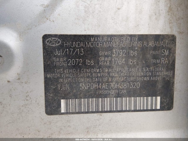 Aukcja sprzedaży 2013 Hyundai Elantra Gls, vin: 5NPDH4AE7DH381320, numer aukcji: 44794234