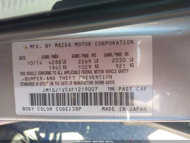 Aukcja sprzedaży 2015 Mazda Mazda6 I Touring, vin: JM1GJ1V5XF1219007, numer aukcji: 44794239