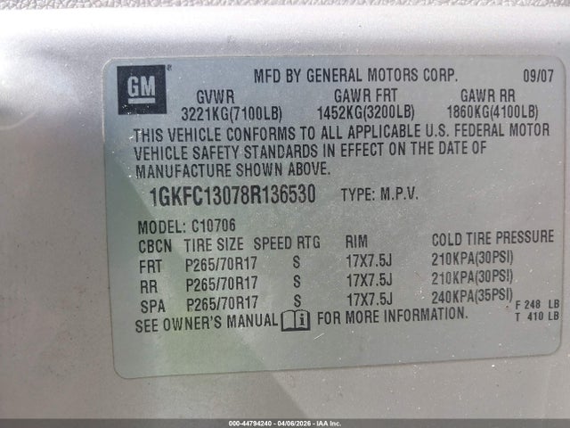 Auction sale of the 2008 Gmc Yukon Slt, vin: 1GKFC13078R136530, lot number: 44794240