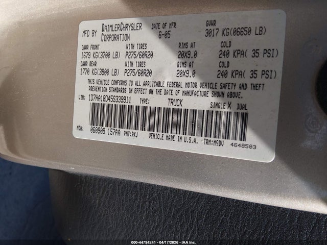 44794241 :رقم المزاد ، 1D7HA18D45S339911 vin ، 2005 Dodge Ram 1500 Slt/laramie مزاد بيع