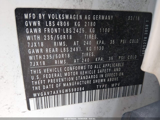 Продаж на аукціоні авто 2016 Volkswagen Tiguan Se, vin: WVGAV7AX9GW598084, номер лоту: 44794244