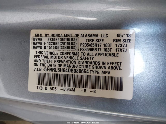 44794249 :رقم المزاد ، 5FNRL5H64DB089664 vin ، 2013 Honda Odyssey Ex-l مزاد بيع