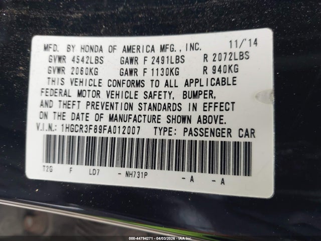 Honda Accord Ex-l V-6 2015 1HGCR3F89FA012007 Image 9