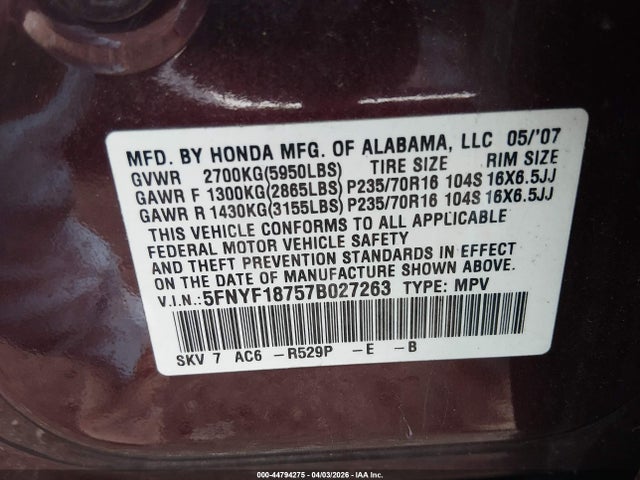 2007 HONDA PILOT 5FNYF18757B027263 Photo 8