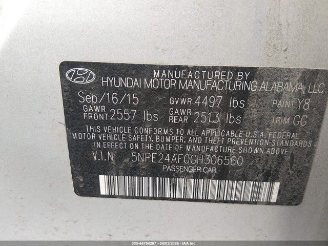 5NPE24AF0GH306560 Hyundai SONATA SE