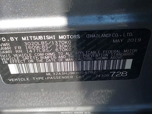 Продаж на аукціоні авто 2019 Mitsubishi Mirage Es, vin: ML32A3HJ9KH014782, номер лоту: 44794314